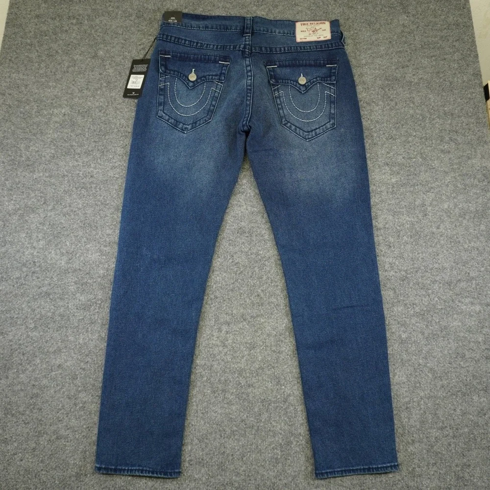 NEW True Religion Geno Relaxed Slim Jeans Mens 36x32 Blue Big T Flap Pocket